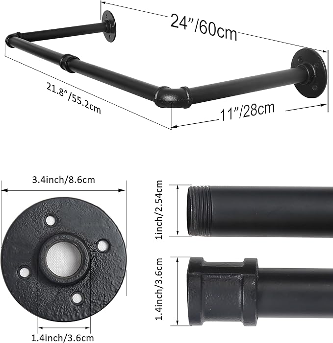 WEBI Clothing Rack Wall Mount,24" Industrial Pipe Clothes Rack for Hanging Clothes,Heavy Duty Iron Garment Rack Bar,Retail Display Clothes Rod for Closet,Laundry Room,Black