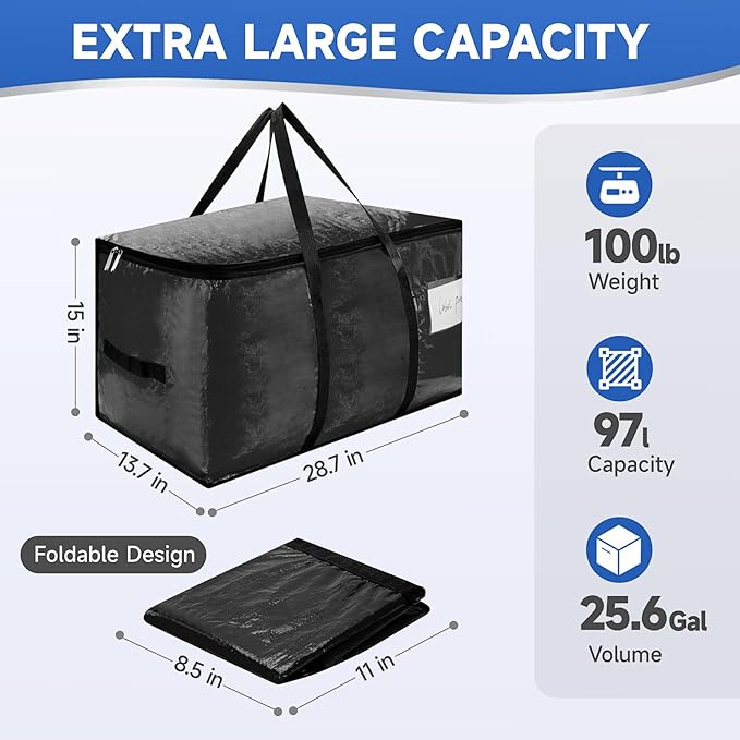 CONGREGATE 8-Pack Heavy Duty Black Moving Bags with Zippers and Handles, Heavy Duty Storage Handbags for Space Saving, Made of PE, 97 Liters/25.6 Gallons (28.7 Inch x 13.7 Inch x 15 Inch)