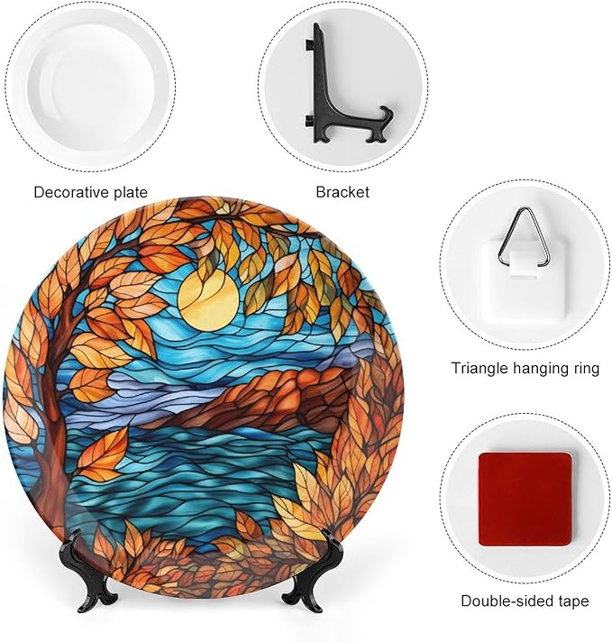 Stained Glass Design Fall Maple Tree Night Decorative Plates Home Decor Ceramic Plates, Fall Season Dinner Plates Display for Living Room, Kitchen, Gifts for Thanksgiving, 7 Inch