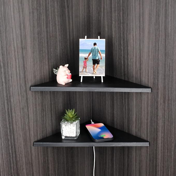 evron Corner Mounting Shelf Set of 2 – Easy to Install Floating Wall Shelves with Wood Grain Finish, Durable and Waterproof ABS Plastic for Kitchen, Bathroom, Living Room Home Décor