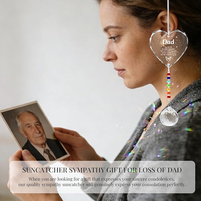Memorial Gifts for Loss of Dad, Crystal Suncatcher in Memory Sympathy Gifts for Loss of Dad Father, Heart Shaped Bereavement Condolence Gifts for Grieving Friend