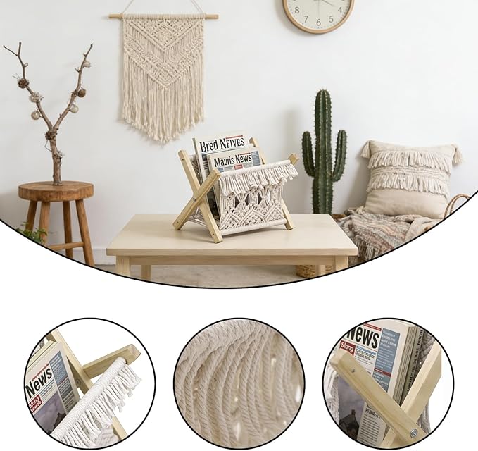Woven Magazine Rack & Boho Basket Foldable Living Room & Bedroom Storage & Decor 2-in-1
