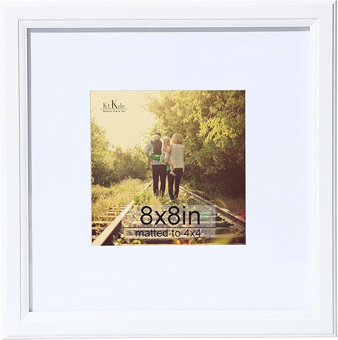 KTKDE 8x8 Picture Frame Real Glass, Display Pictures 4x4 with Mat or 8x8 Without Mat, Modern Style Wood Composite Frame,White Gallery Wall Frame & Table Top Display，best gift