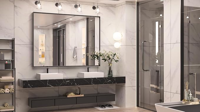 Keonjinn Large Black Bathroom Mirror 48 x 40 Inch, Bathroom Vanity Mirror for Wall, Oversized Metal Framed Mirrors for Over Sink, Rectangle Square Corner Framed Farmhouse Mirrors(Horizontal/Vertical)