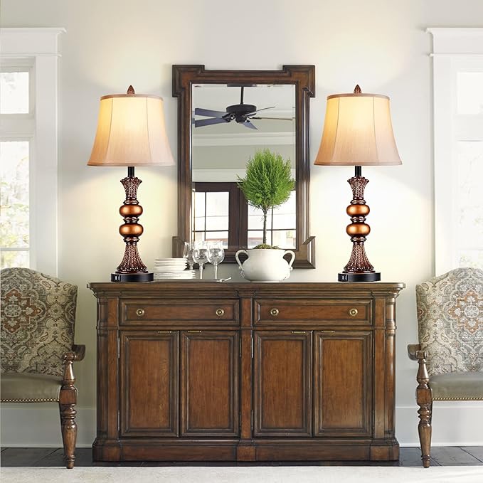 Set of 2 Touch Control Traditional Table Lamp, 27"H Bedside Lamps with 2 USB Charging Ports, 3-Way Dimmable Bronze Finish Large Nightstand Lamps with Bell Faux Silk Shade for Living Room, Bedroom