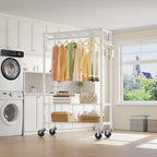 VIPEK R3 Rolling Clothing Rack Heavy Duty Garment Rack for Hanging Clothes, Portable Closet Wardrobe with Wheels and Side Hooks, Adjustable Freestanding Metal Clothes Rack with Shelves, White