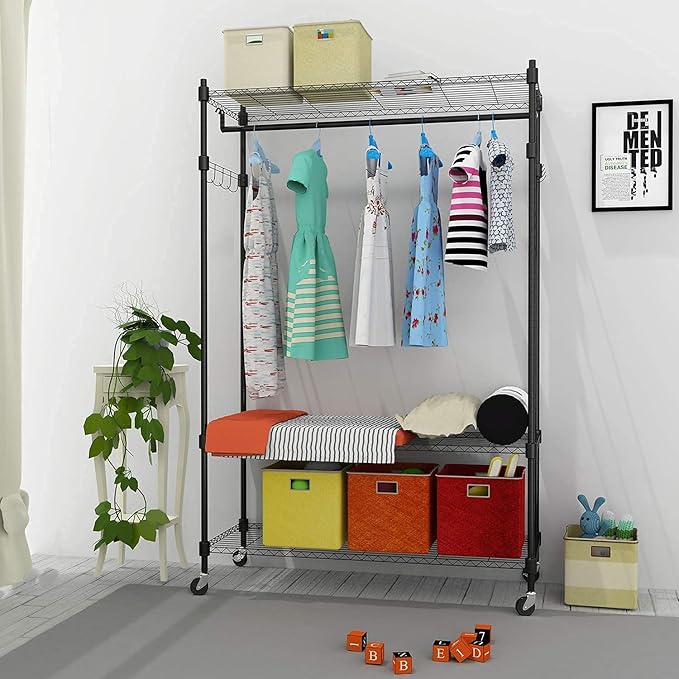 BATHWA Rolling Garment Rack with Adjustable Wire Shelf, 3 Tired Clothes Rack including 1 Clothes Hanging Bar, 1 Roating Hanger Hooks - Hold Up to 400Lbs (Black, 1Rod 1Hook)