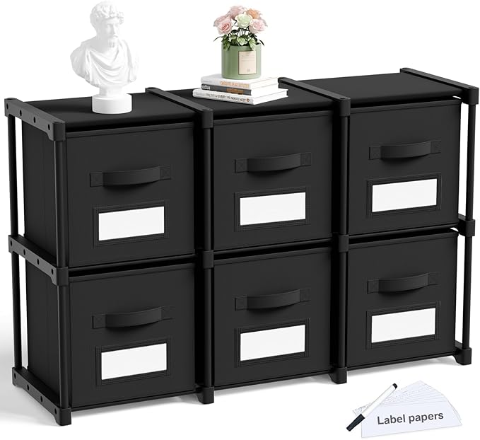 Geelin 6 Cube Storage Organizer with Fabric Bins and Labels 11 Inch, Fabric Collapsible Cubby Clothes Storage Drawer Dresser for Bedroom Living Room Office Organization