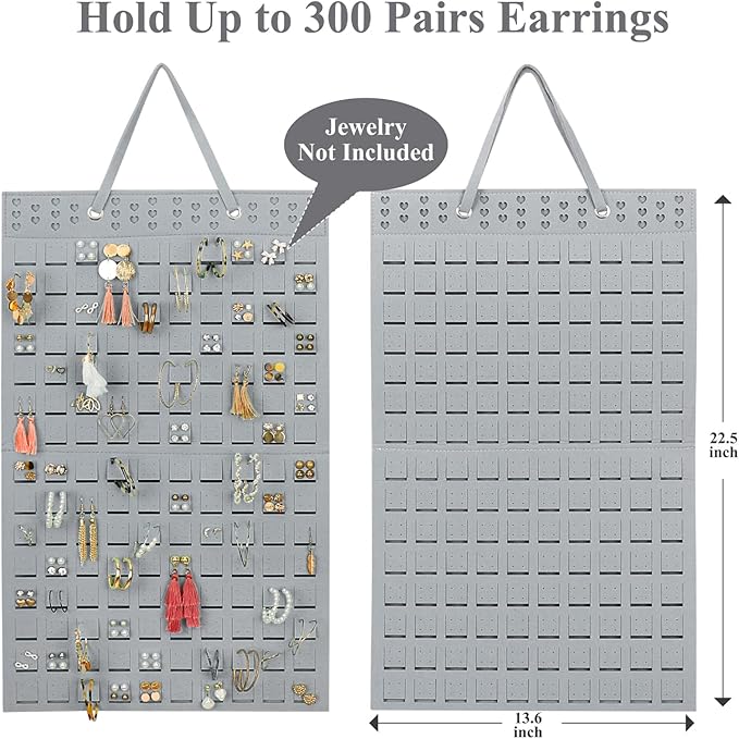 Hanging Earrings Organizer, Wall Earring Holder with 2 Hooks, Holds Up To 300 Pairs, Compact Design, Soft Material-Silber Grey