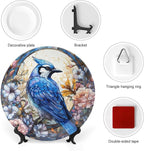 Blue Jay and Flowers Stained Glass Painting Decorative Plates Home Decor Ceramic Plates, Dinner Plates Display for Kitchen, Hallway Console Side Table, Presents for Blue Jay Lovers, 6 Inch