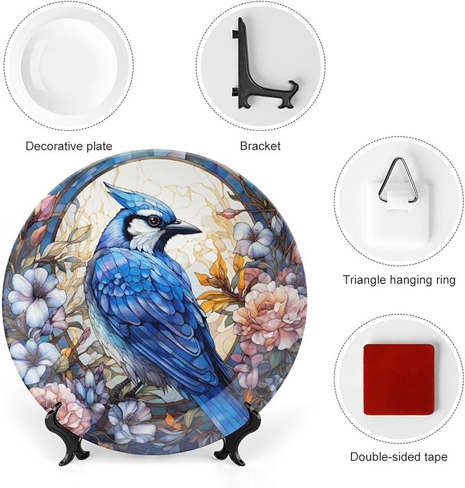 Blue Jay and Flowers Stained Glass Painting Decorative Plates Home Decor Ceramic Plates, Dinner Plates Display for Kitchen, Hallway Console Side Table, Presents for Blue Jay Lovers, 6 Inch