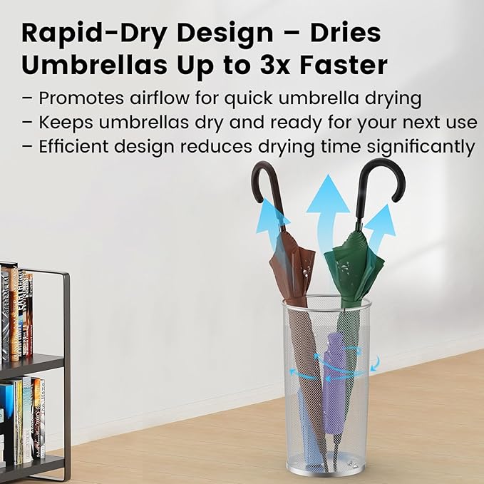 19.5" H Mesh Umbrella Stand - Ventilated Mesh Umbrella Holder for Entryway - Extra Capacity Storage for Umbrellas Canes & More - Freestanding Indoor Organizer 10.4" L x 10.4" W x 19.5" H - 2P Silver