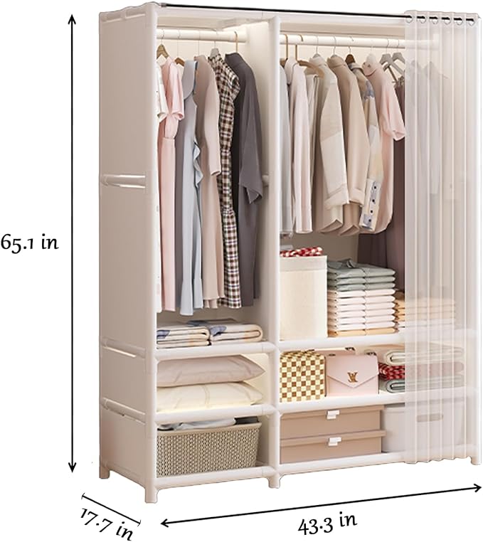 Portable Closet,Portable Closets for Hanging Clothes,Japanese Style Wardrobe with 2 Hanging Rods,6 Storage Shelves,43.3" L x 17.7" W x 65.1" H,White