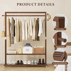 Solid Wood Clothes Rack with Wheels | 3-in-1 Freestanding Garment Rack & Coat Tree, Extra-Long Rod, Two Shelves, 220 lb Load | Organizer for Bedroom & Entryway