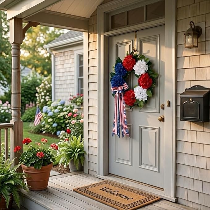 20 Inch Patriotic Front Door Wreath for July 4th Independence Day and Memorial Day, Artificial Red White Blue Hydrangea Wreath with USA Flag-Themed Long Bow