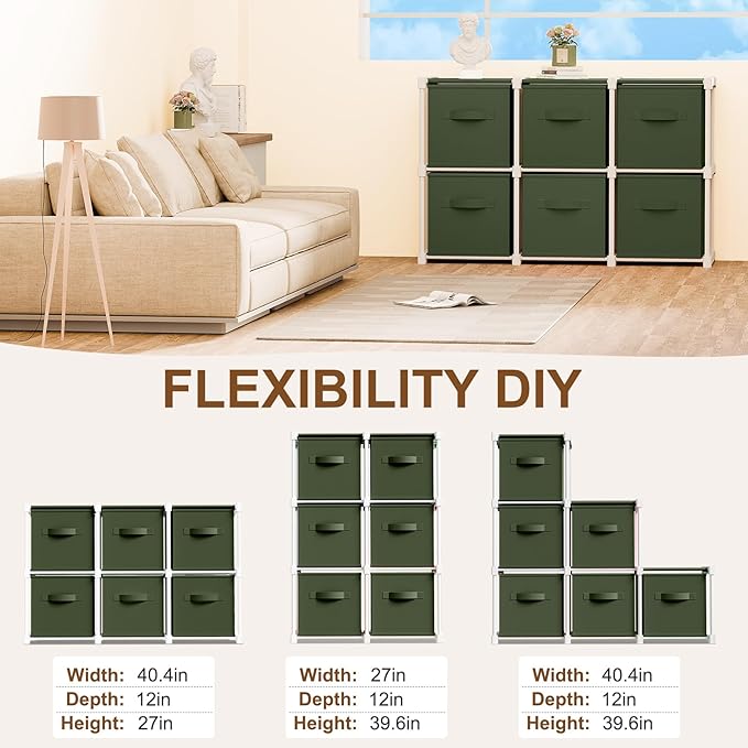 6 Cube Storage Organizer with Shelf Back to School Boxes 11 Inch Toy Storage Bins Closet Organizers Drawers Fabric Dresser for Playroom Books Bedroom Dorm Kitchen (Dark Green)