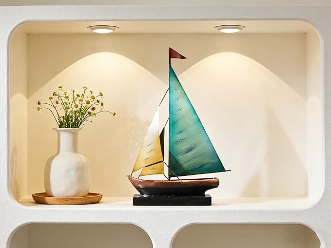 Retro Metal Sailboat Decor, Iron Nautical Sculpture for Home, Vintage Boat Figurine for Living Room Table, Office Desk, Bookshelf, Coastal Style Decoration (Lake Blue & Yellow)