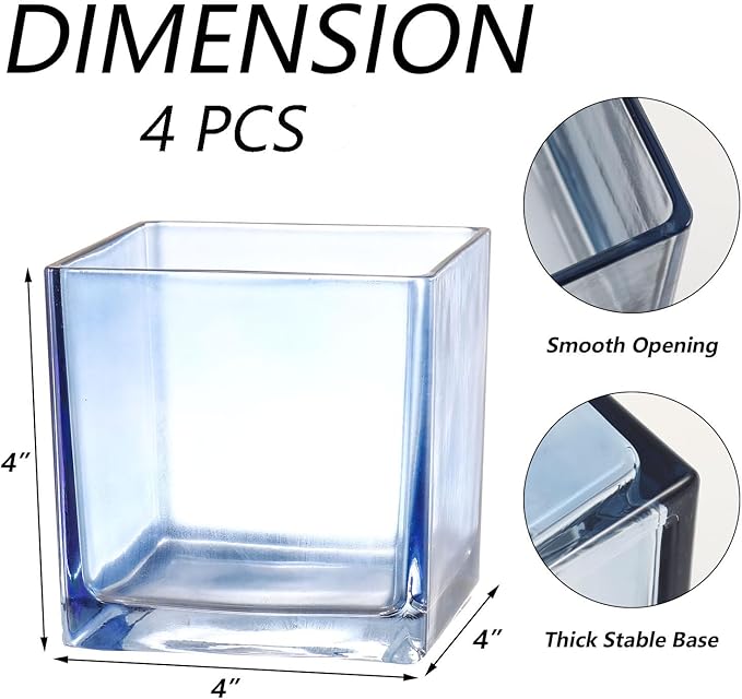 Square Glass Vases Set of 4, 4"x 4"x 4" Flower Vases for Centerpieces, Blue Glass Vase for Flowers, Small Vase for Wedding, Party, Home Office Decoration