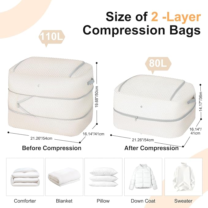 Comforter Storage Bag - 110L Large Capacity Blanket Storage Bags 2-Layer Ultra Space Saving Self Compression Organizer, Washable Compression Bags for Storage Comforter Blanket, 4-Pack, Beige