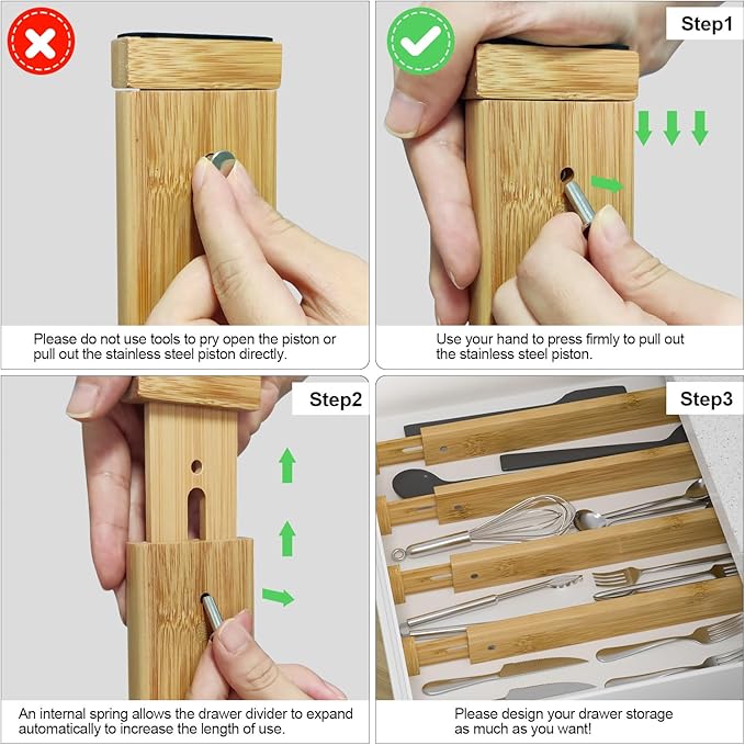 Ruichang Bamboo Kitchen Drawer Divider 4 Pack,17-22" Adjustable Dresser Drawer Organizer for Bathroom,Bedroom,Natural,2.4 inch High