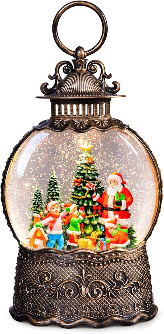 Christmas Snow Globes Lantern with Music, Santa Claus Scene Snow Globes with Swirling Glitter Effects, USB/Battery Powered with 6-Hour Timer, Christmas Decorations