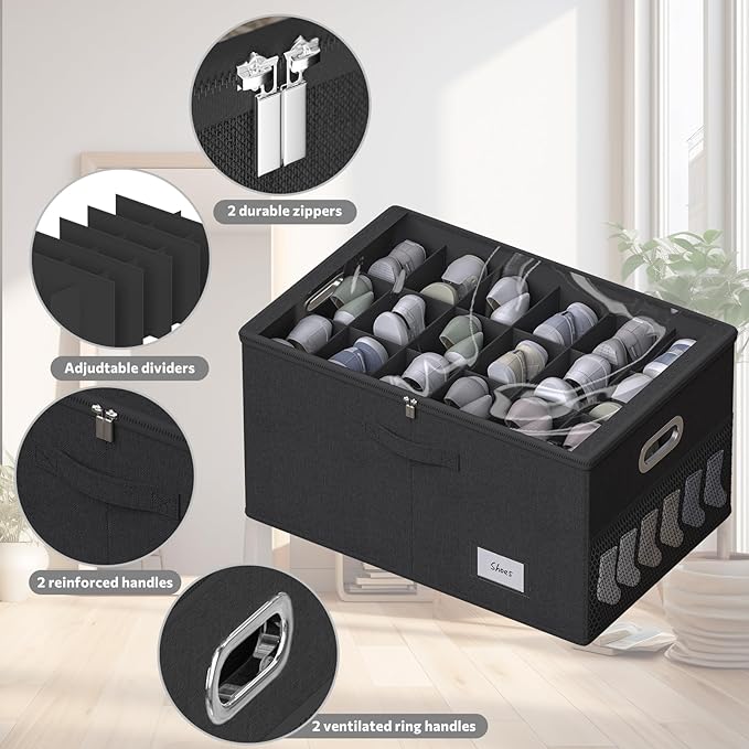 2 Pack Shoe Organizer for Closet Large Shoe Box Storage Containers with Clear Window Space Saving Shoe Bin with Foldable Bottom Support Adjustable Dividers Fits 36 Pairs (Black, (24.4*16.5*13inch)x2)