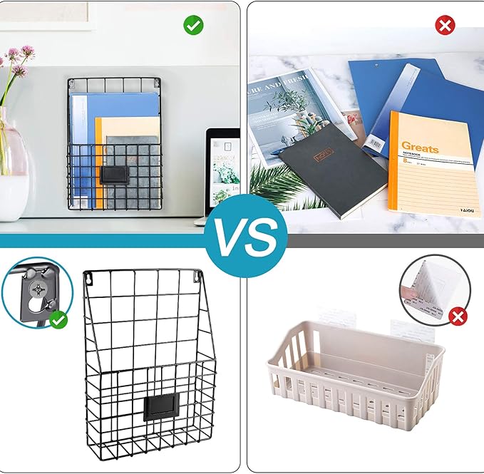 Storage Racks, Metal Wire Wall Mounted Magazine Holder, Wall Hanging Organizer holder for Files, Newspapers, Magazines with Tag Slot for Office, Home Organization, Black