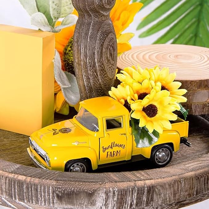 Vintage Truck with Artificial Flowers Farmhouses Tiered Tray Decors Table Centerpieces Minis Diecast Trucks Decorations Farm Pickup with Flower