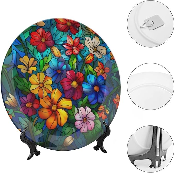 Stained Glass Theme Decorative Ceramic Plate Round Porcelain Plate,7 inch,Colorful Flowers Pattern,for Decorative Ornaments Giving Plates, 1 Plate with 1 Display Stand,Multicolor