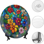 Stained Glass Theme Decorative Ceramic Plate Round Porcelain Plate,6 inch,Colorful Flowers Pattern,for Decorative Ornaments Giving Plates, 1 Plate with 1 Display Stand,Multicolor