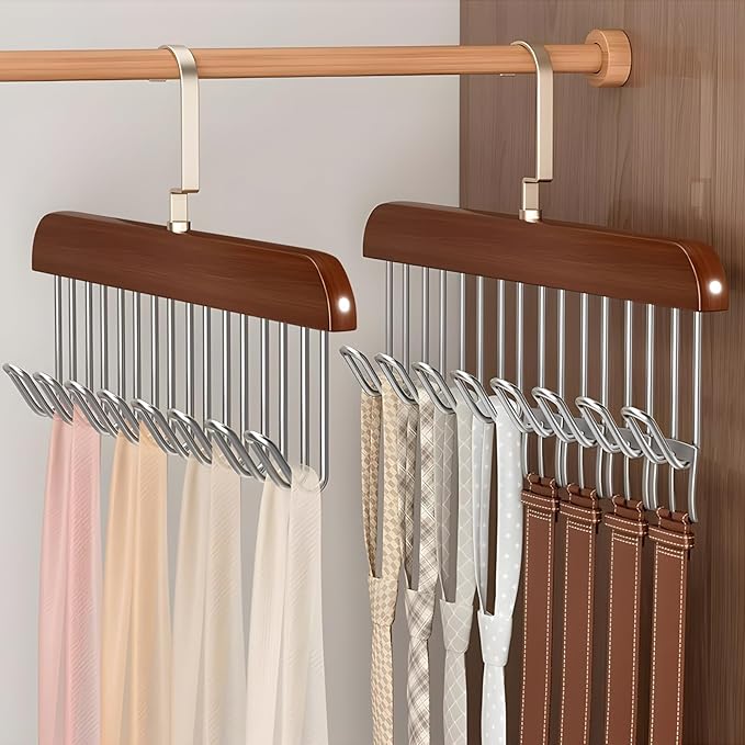 2 Pack Belt Hanger for Closet, Wooden Tie Racks Hanger with Upgraded 360°Rotating, Space-Saving Belt Holders with 8 Hooks, Closet Storage for Tie,Tank Top,Bra, Scarf,Hat