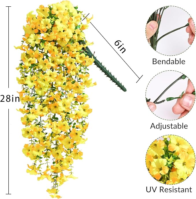 Waipfaru Artificial Petunias Flowers for Outdoors, 2 Pcs UV Resistant Fake Hanging Plants Spring Outside Decor, Faux Silk Flowers Long Trailing Vines for Outdoor Planters Porch Garden (Yellow)