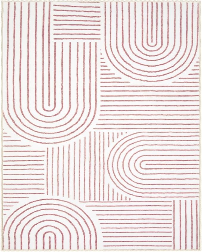 Lahome Abstract 8x10 Area Rug, Soft Washable Accent Rug for Living Room, Bedroom & Dining Room, Ultra-Thin Pink/White Carpet (8x10ft)