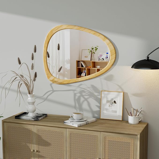 22.5" x 17.5" Irregular Wall Mirror, Natural Wooden Framed Asymmetrical Wall Mirror for Living Room Bedroom Bathroom Entryway, Modern Decorative Hanging Hook