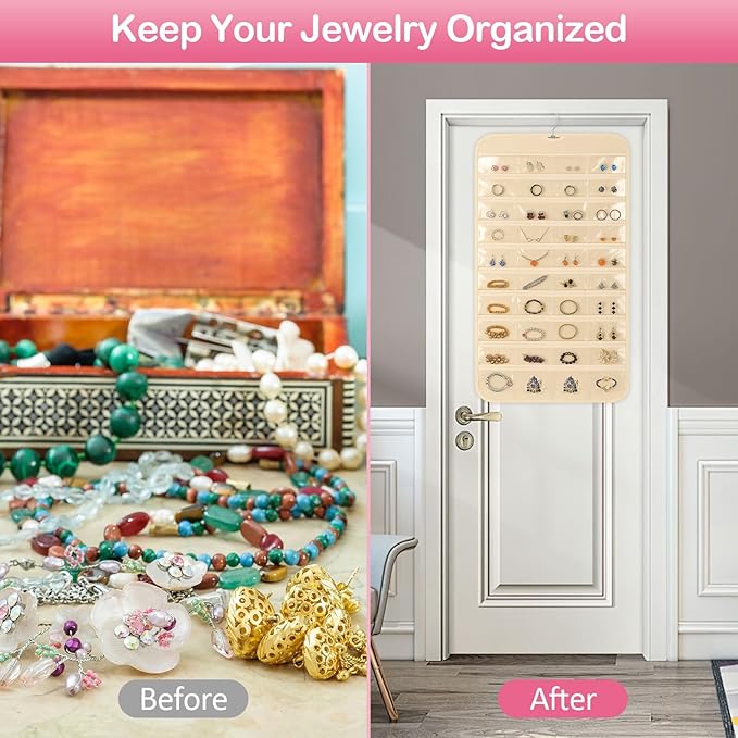 3 Pack Hanging Jewelry Organizer, 80 Clear Pockets earring organizer and storage, Accessories holder organizer for Closet, Jewelries, Necklace, Travel
