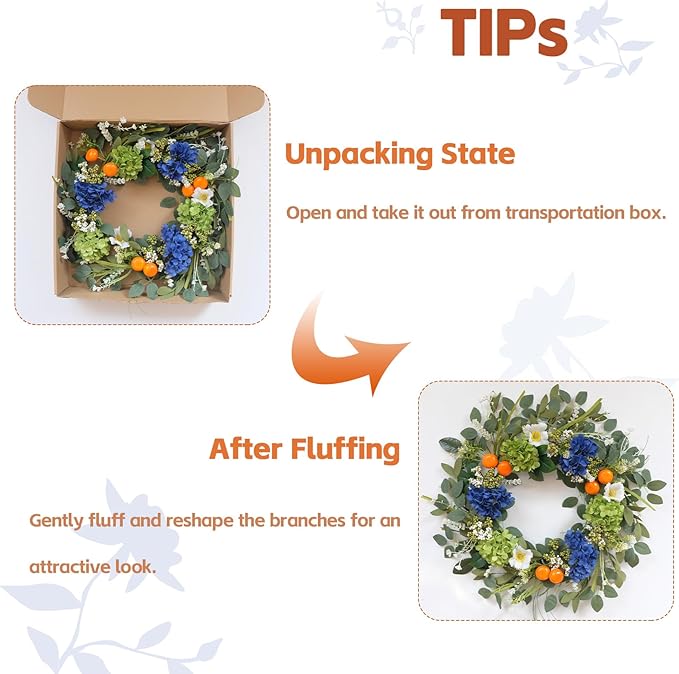 Idyllic 22 Inch Spring Wreath Blue Green Hydrangea with Orange Berries White Flowers Front Door Window Mantel Wedding Home Decor