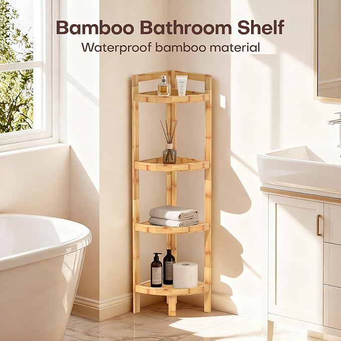 2026 New Bamboo Standing Shelf, 4 Tier Corner Shelf Stand, Free-Standing Shelf Units, Triangular Curved Corner Shelf Stand for Space-Saving Display Ideal for Bathroom/Kitchen/Living Room Storage