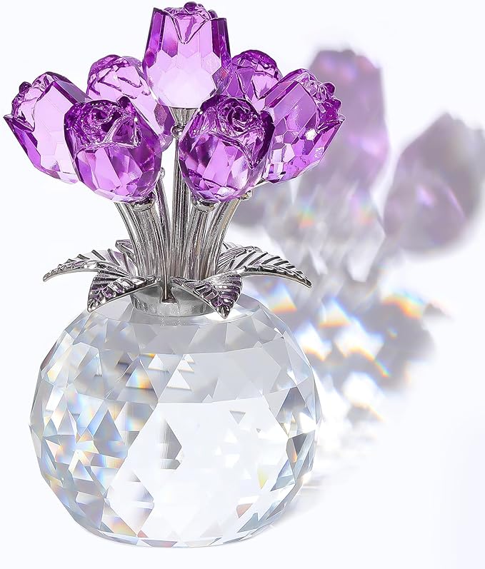 Arikyrist Crystal Purple Rose Bouquet Figurine with Round Vase, Glass Rose Flower Romantic Gifts for Women Mom on Birthday, Collectible Decoration Table Centerpiece for Home