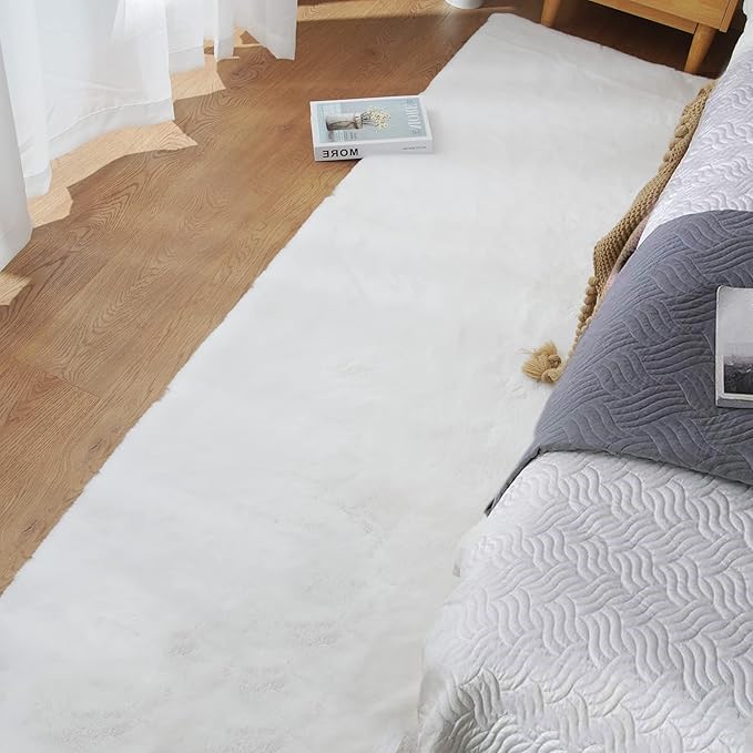 Fuzzy White Machine Washable Runner Faux Rabbit Furry Fur Rugs for Bedroom Plush Runner Rugs for Hallway 2x10 Rectangle Rug Home Décor