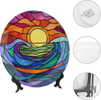 Waves Theme Decorative Ceramic Plate Round Porcelain Plate,6 inch,Sunrise Rainbow Glass Pattern,for Decorative Ornaments Giving Plates,1 Plate with 1 Display Stand,Blue Purple