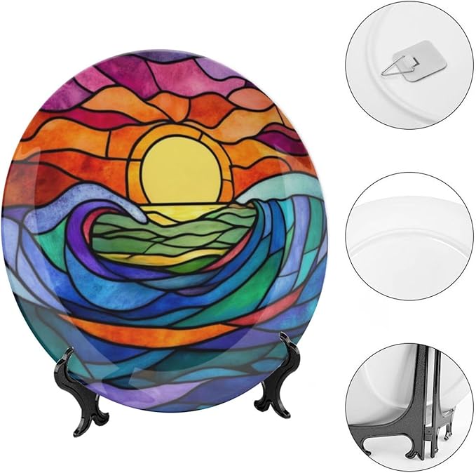 Waves Theme Decorative Ceramic Plate Round Porcelain Plate,6 inch,Sunrise Rainbow Glass Pattern,for Decorative Ornaments Giving Plates,1 Plate with 1 Display Stand,Blue Purple