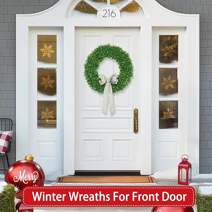 22 Inch Boxwood Wreath for Front Door Realistic with Welcome Sign Faux Easter Green Preserved Boxwood Wreaths Outdoor Spring Wreaths for Front Door Outside for Porch Farmhouse Wall Home Decor