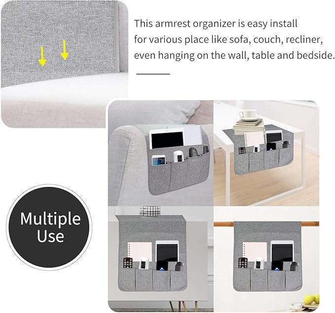Sofa Armrest Organizer, Remote Control Holder for Recliner Couch, Arm Chair Caddy with 5 Pockets for Magazine, Tablet, Phone, iPad