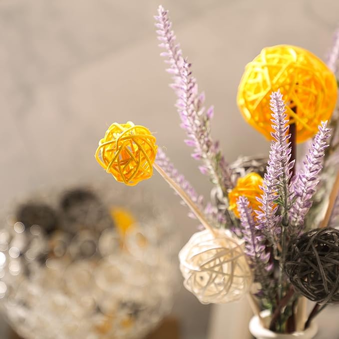 Patelai 36 Pcs Wicker Rattan Balls Decorative Balls for Vase Centerpiece Bowls Orbs Filler for Home Decor,4 Sizes(Yellow, Gray, White,2.4'',2'',1.6'',1.2'')