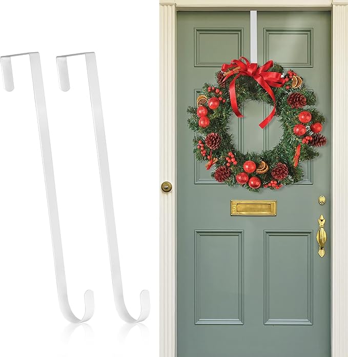 2 Pack Wreath Hangers for Front Door,14 Inch Wreath Hanger Hook for Front Porch Decor,Metal Over The Door Hooks Hanger for Halloween Fall Christmas Decorations Outdoor Indoor Home Decor,White