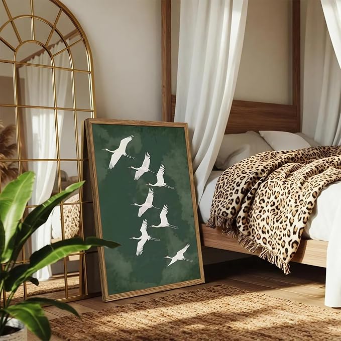 Framed Japanese Flying Cranes Wall Art, Vintage Bird Pictures Wall Decor Paintings, Rustic Nature Animal Canvas Prints Minimalist Home Decor for Living Room Bedroom Office 16x24 inch