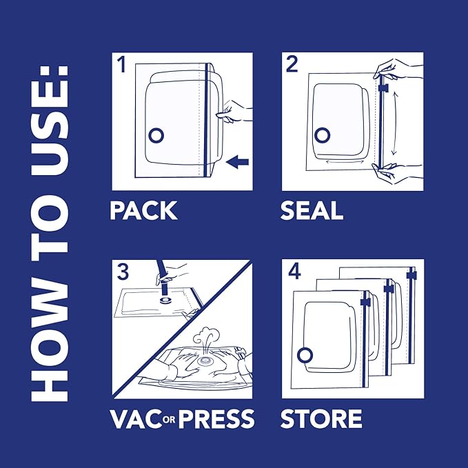 Hefty Vacuum Bags for Clothes 4 Pack, Space Saving Large Vacuum Storage Bags (34 X 22 Inches) Compression Seal for Bedding, Travel Pump Included (4 Large Heavy Duty)