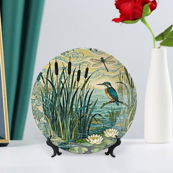 Custom Gifts Ceramic Decorative Plate, William Morris Forest Plants, Birds And Lotus Flowers Hand-Painted Ceramic Decorative Plates Household Unique Art with Stand, Modern Decor for Farmhouse Office