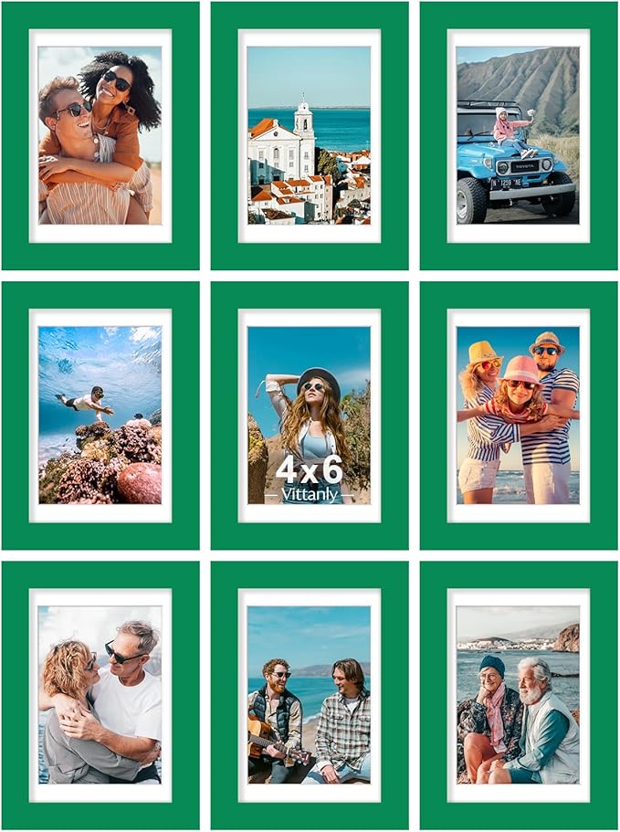 Vittanly 4x6 Picture Frames Set of 9, Shatter Resistant Plexiglass, Display 3.5x5 Pictures with Mat or 4x6 without Mat, Photo Frames for Wall or Tabletop, Engineered Wood, Green