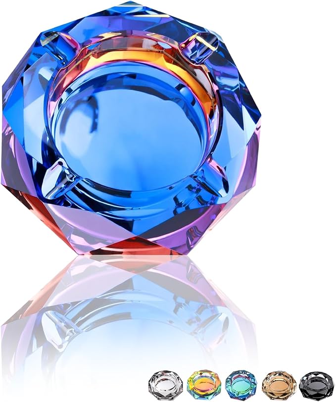 Coomin Crystal Glass Ashtray, Sparkly Cigar Cigarettes Ash Tray, Ashtrays for Smokers Indoor Office Home Desktop Tabletop, Unique Luxury Gifts for Men, Blue
